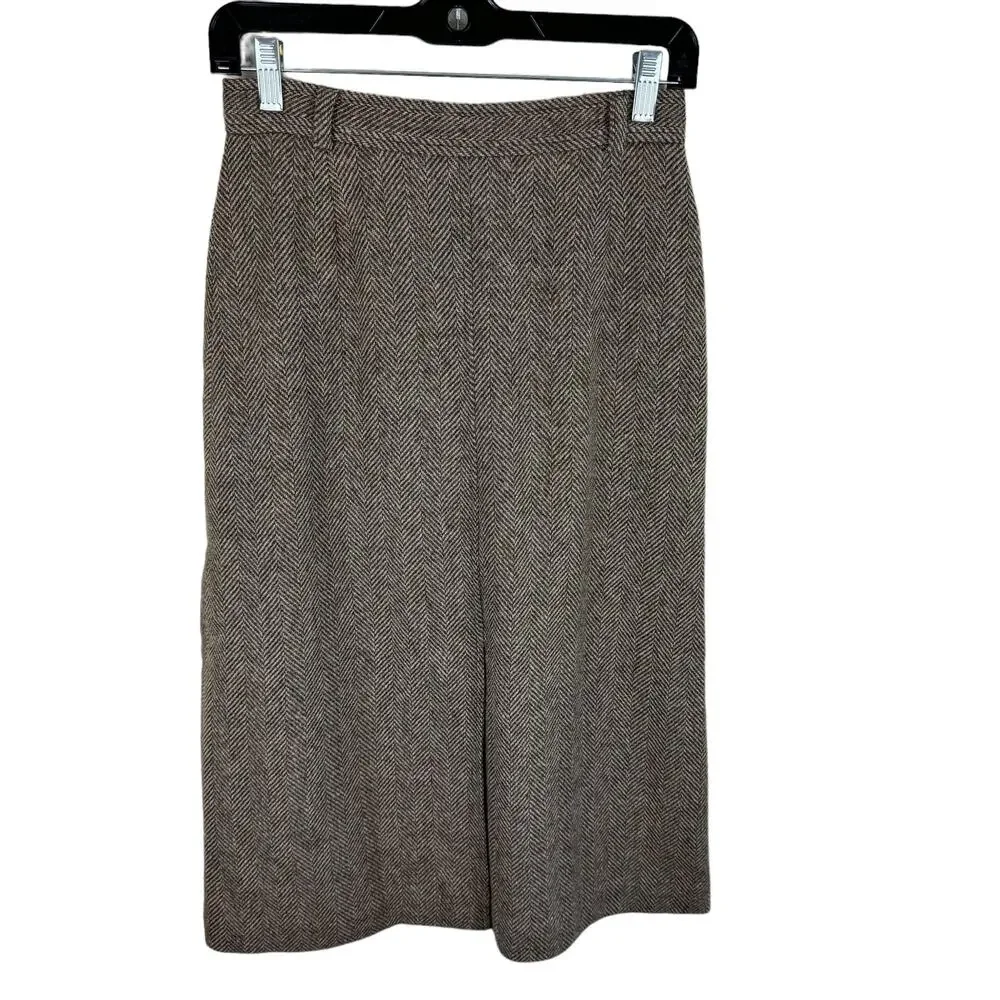 Ah! Austin Hill Brown‎ Cream Chevron 100% Pure Wool Lined Midi Skirt USA Retro 8